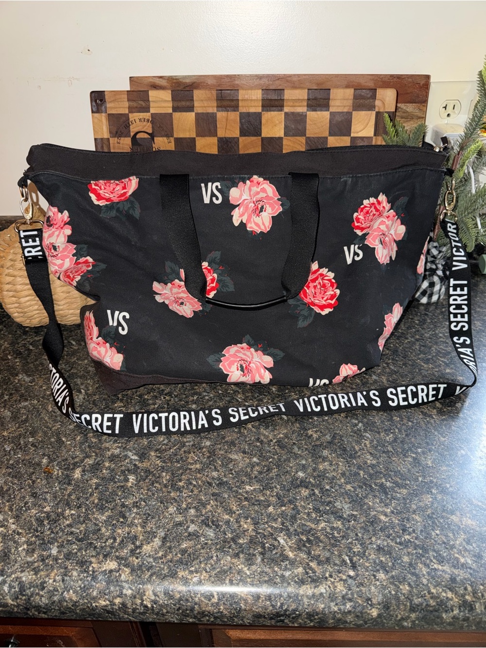 Victoria's Secret Black Tote with Pink Floral Print